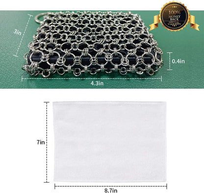 Herda Chain Mail Cast Iron Cleaner Scrubber,316 Chainmail Pan Scrubber Metal Cleaning Brush, Pad, Sponge Scraper to Clean Skillet,Dutch Oven, Wok,Grill Griddle,Chain Link Scrub Brush Pot Care Kit