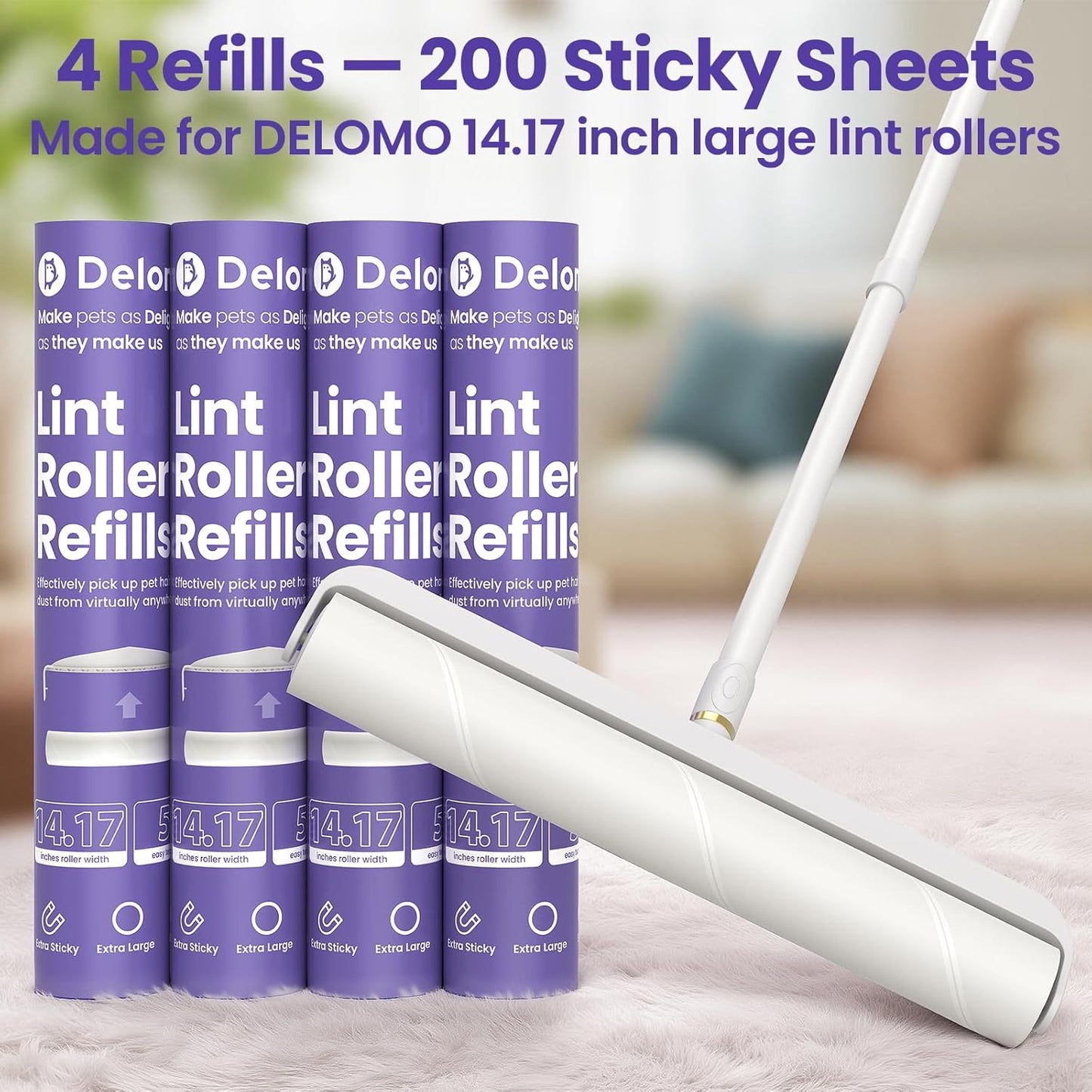 Large Lint Rollers for Carpet: Sticky Rollers for Floor DELOMO 9.45 in with 3 Extendable Handle, Long Handle Sticky Mop for Cleaning Carpets, Cars, Bedding, Couches, and Pet Hair - for Pet Homes