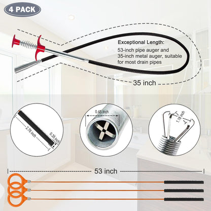 Hair Catcher Drain Auger Cleaner Tool Set - 3 × 53 Inch Sink Snake + 1 × 35 Inch Drain Clog Remover, Set For Toilet, Kitchen Sink, Bathroom Tub, Sewer，4 Pack