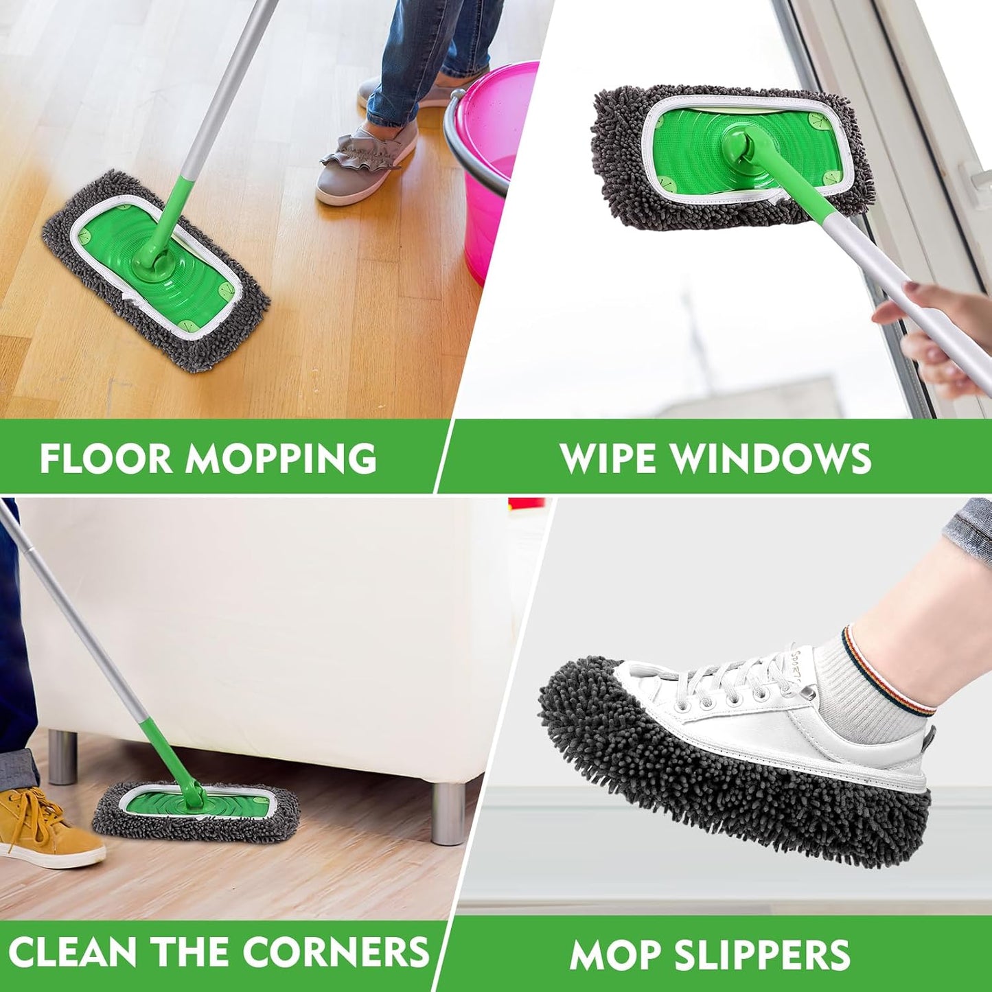 Reusable Microfiber Mop Pads Compatible with Swiffer Sweeper- 4 Pack Dry Sweeping Cloths & Wet Mopping Cloths - Chenille Washable Wet Pads Refill for Mopping Floors (Mop is not Included)