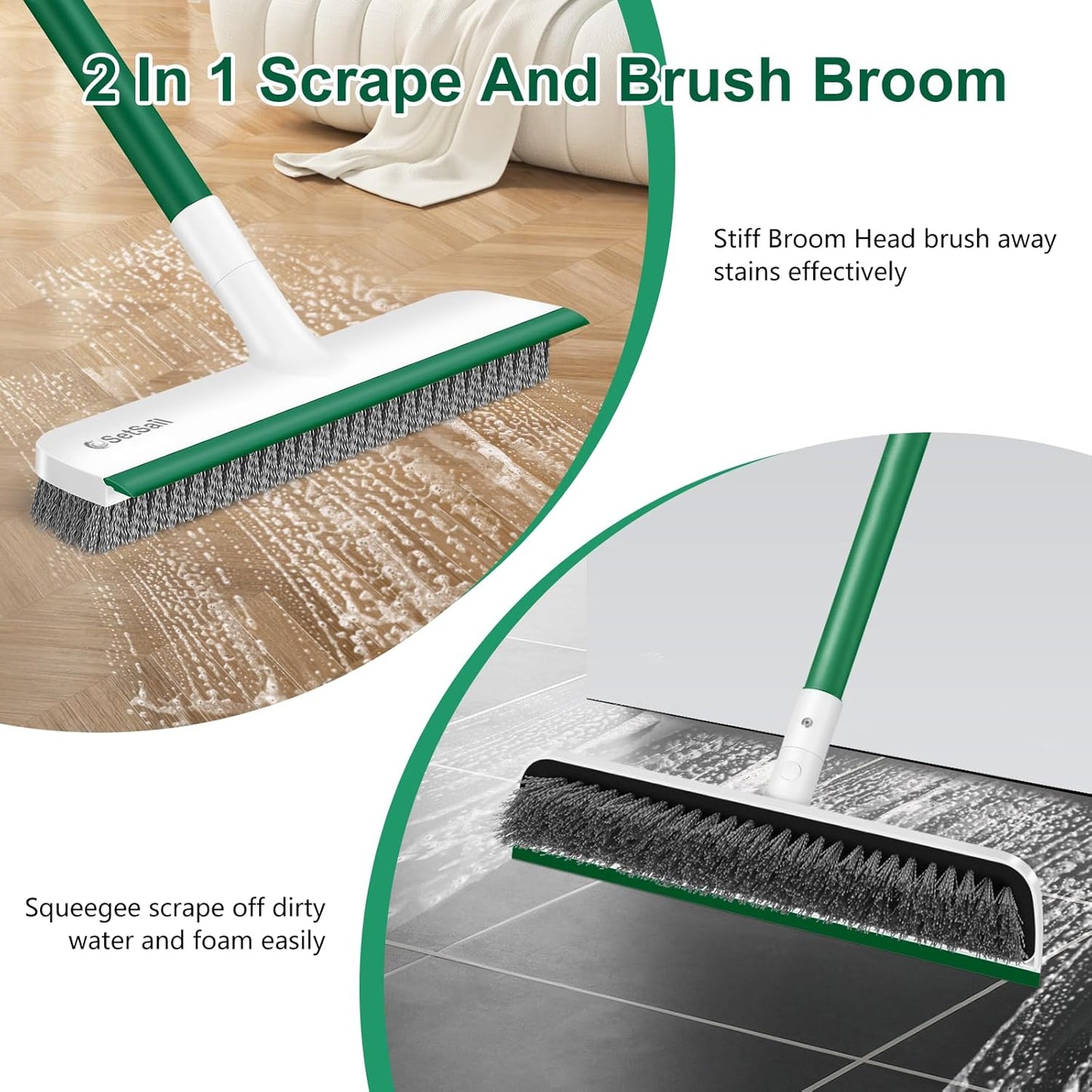 SetSail Floor Scrub Brush with 51-Inch Long Adjustable Handle 2 in 1 Scrape Brush Stiff Bristle Floor Scrubber for Cleaning Shower Bathroom Garage Kitchen Wall Deck Tub Tile