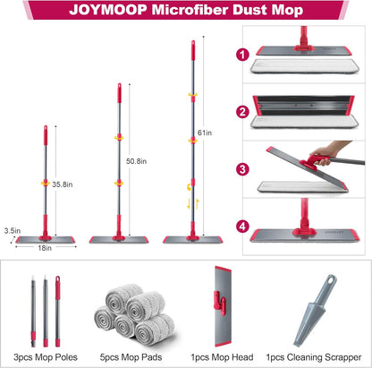 JOYMOOP 18 Inch Dust Mop for Hardwood Floors, Heavy Duty Industrial Wet Dry Mops with Telescopic Handle, Includes 5 Microfiber Mop Pads