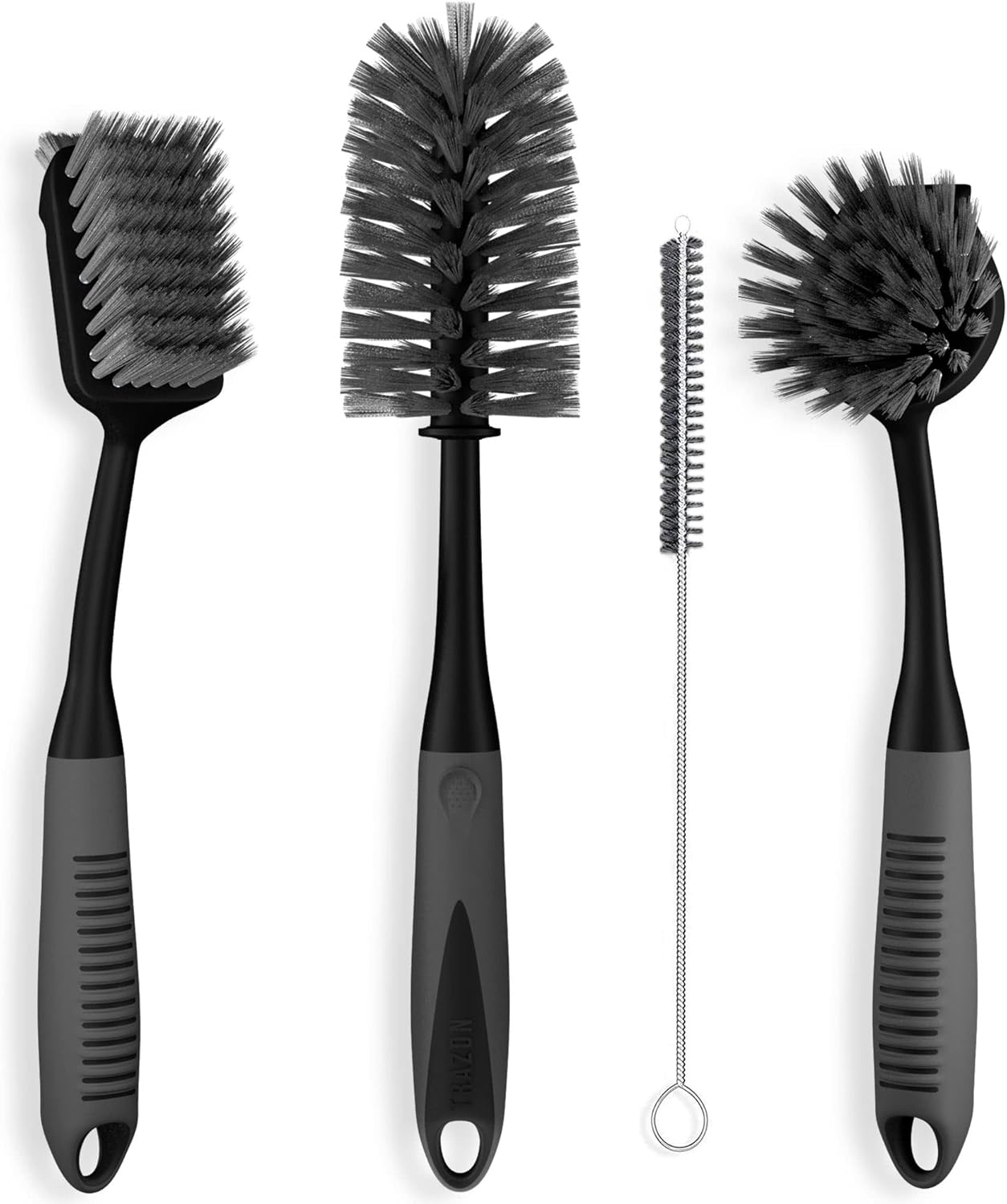 Dish Brush Set of 5 with Holder - Kitchen Scrub Brushes with Non-Slip Long Handle for Cleaning, Scrubber, Dishwashing, Dishes, Bottles, Straws, Cups, Pots & Sink, Black