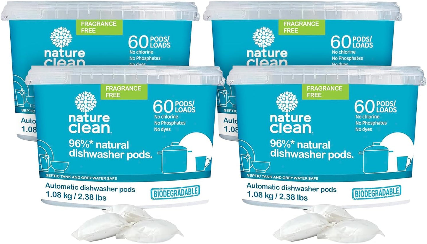 Nature Clean Non Toxic Dishwasher Detergent Pods, Plant-Based Dishwashing Pods, Non-Toxic & Unscented Dish Pods, Tough on Grease, Eco-Friendly Cleaning Power, 60 Count, Pack of 1