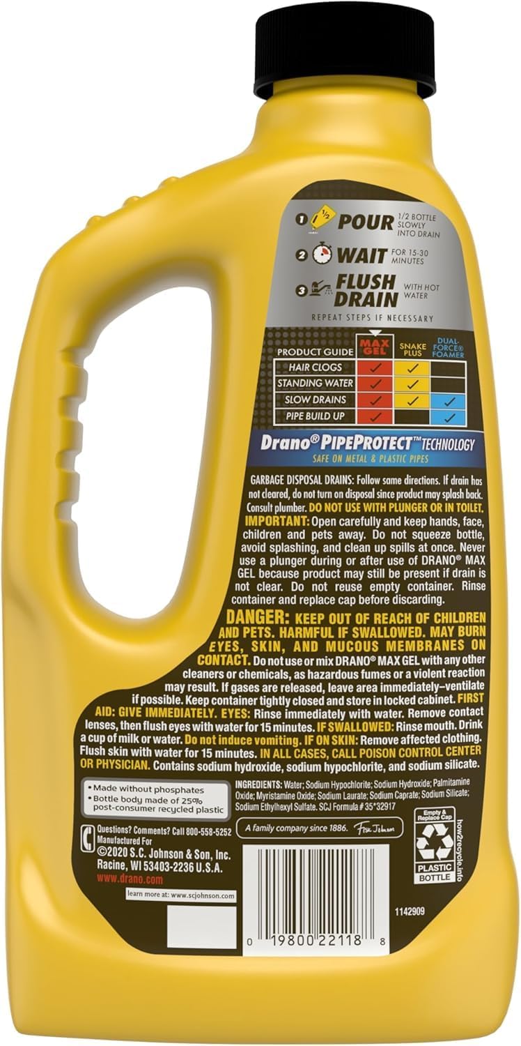 Drano Max Gel Drain Clog Remover and Cleaner for Shower or Sink Drains, Unclogs and Removes Hair, Soap Scum, Blockages, Commercial Line, 42 oz (Pack of 2)