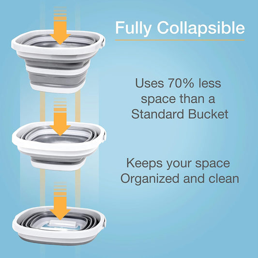 Brookstone Collapsible Bucket, Foldable Cleaning Bucket with Handle, Household Essentials Cleaning Basin and Dust Mop Bucket, Collapsible Wash Basin for Car Cleaning, [2.6 Gal. 10L] Square, White