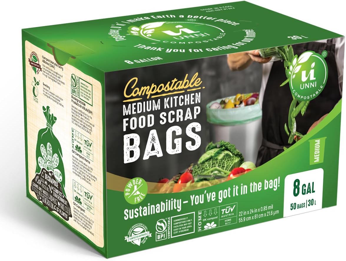 UNNI Compostable Trash Bags, 13 Gallon / 49.2 Liter, 50 Count, Extra Thick 0.9 Mil Tall Kitchen Food Scrap Bin Liners, Certified by BPI, CMA & OK compost HOME, Meets the ASTM D6400 Standard