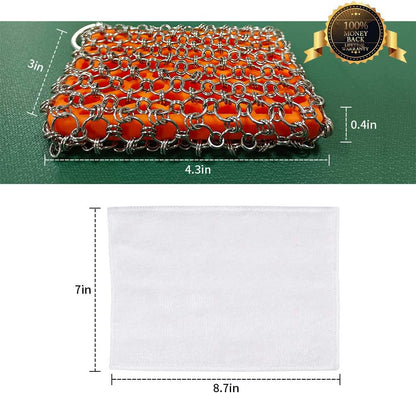 Herda Chain Mail Cast Iron Cleaner Scrubber,316 Chainmail Pan Scrubber Metal Cleaning Brush, Pad, Sponge Scraper to Clean Skillet,Dutch Oven, Wok,Grill Griddle,Chain Link Scrub Brush Pot Care Kit