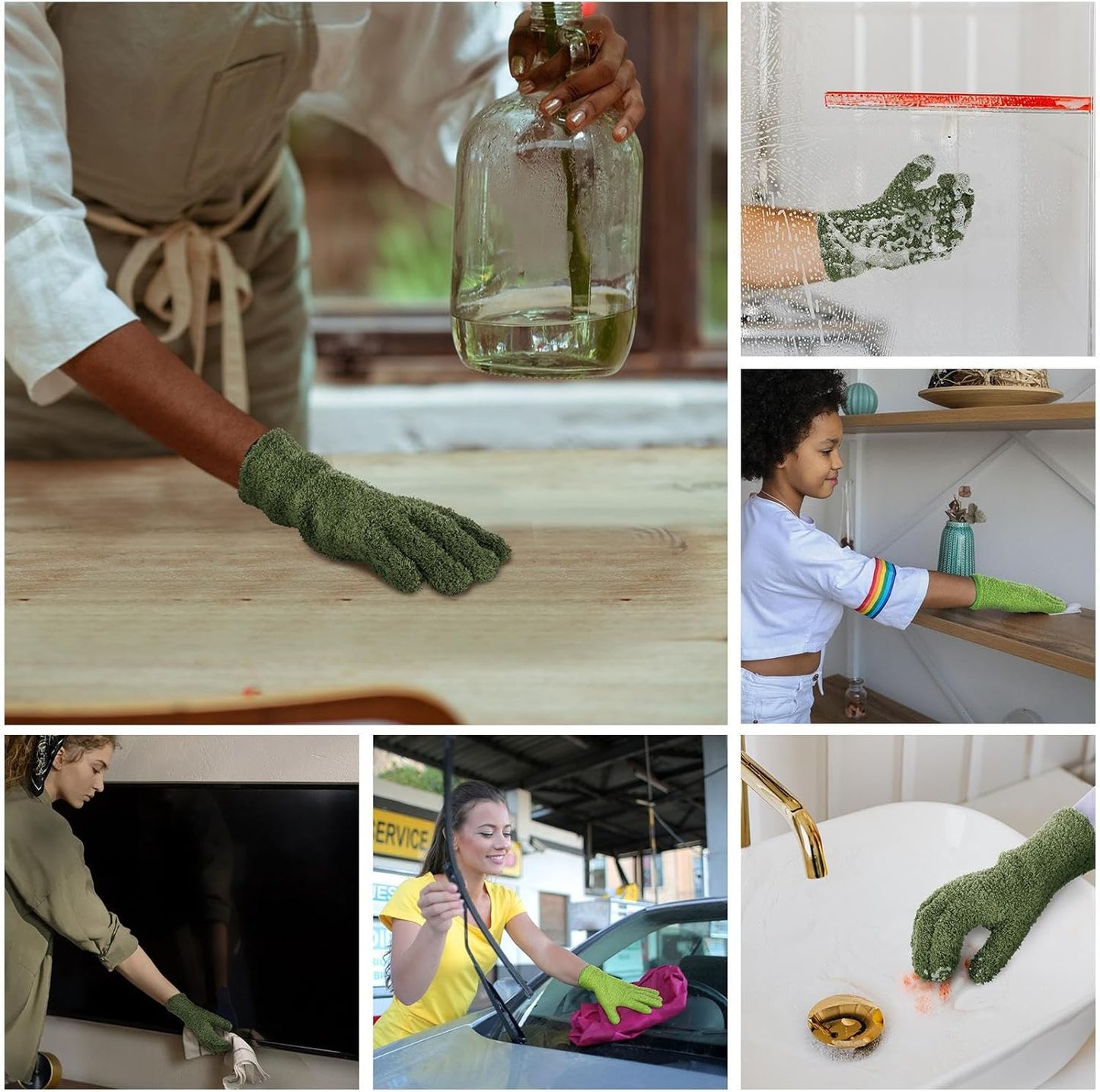 Patelai 2 Pairs Microfiber Gloves for plants Dusting Cleaning Glove Mittens House Cars Blinds Dusting(Blue, Grass Green,Large)