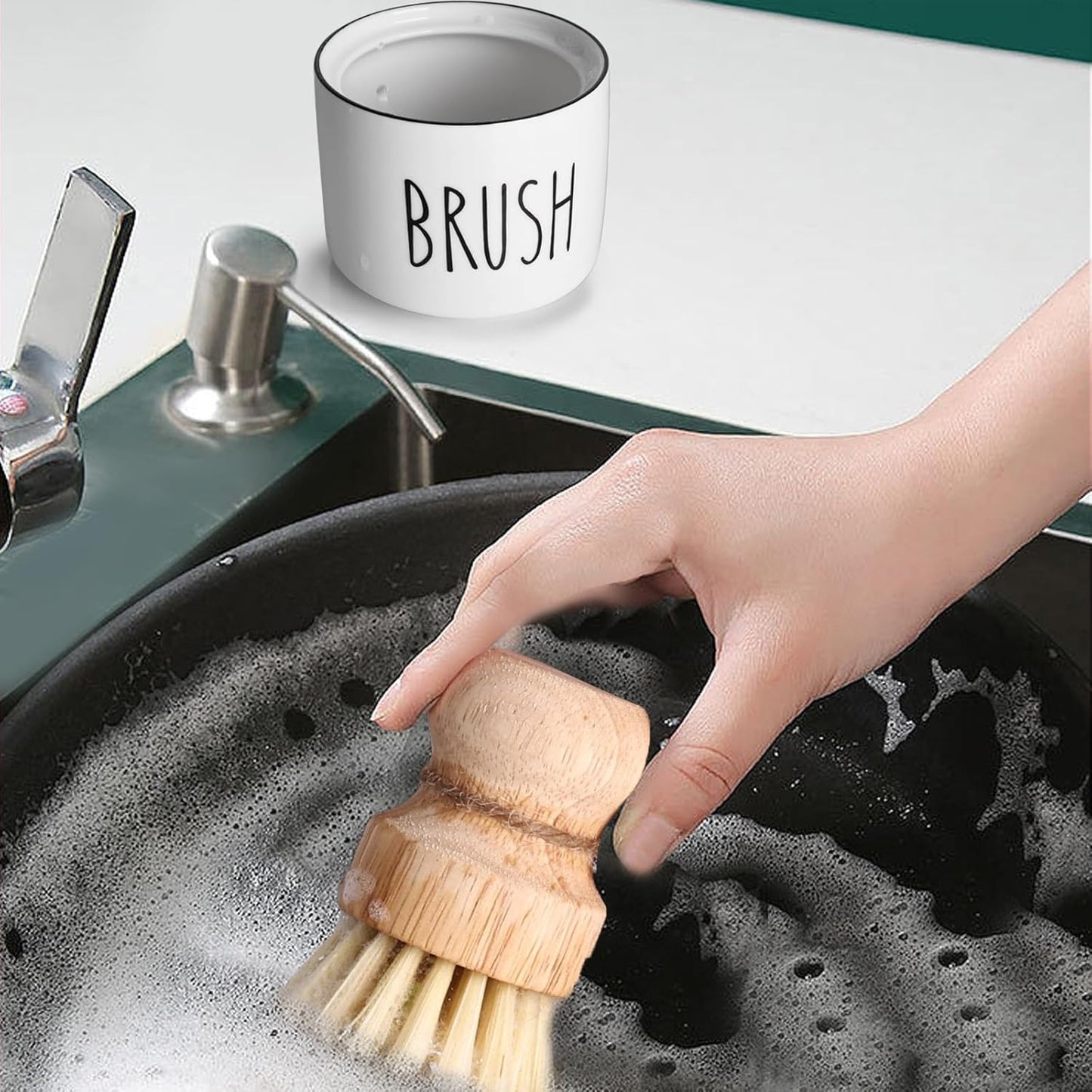 ONTUBE Ceramic Dish Brush Holder, Farmhouse Scrub Brush Holder Dishwashing Brush Stand, Soap Dispensing Kitchen Brushes Holder (White)