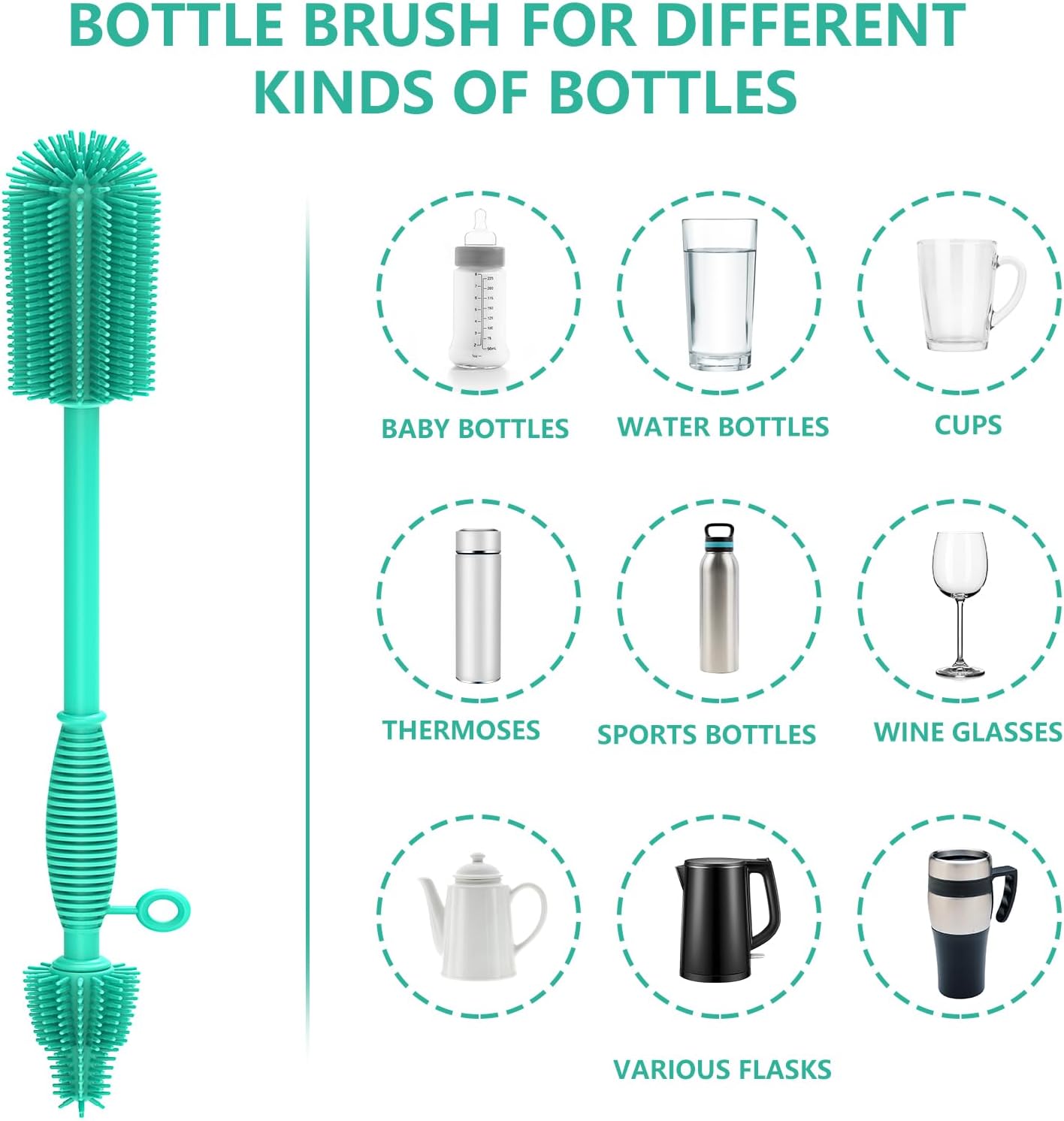 Bottle Brush & Straw Cleaner Brush Set,Silicone Bottle Brush with Sturdy Handle for Water Bottles,Tumblers,Baby Bottles,Long Flexible Straw Cleaner Brush for Standard Straws(Blue)