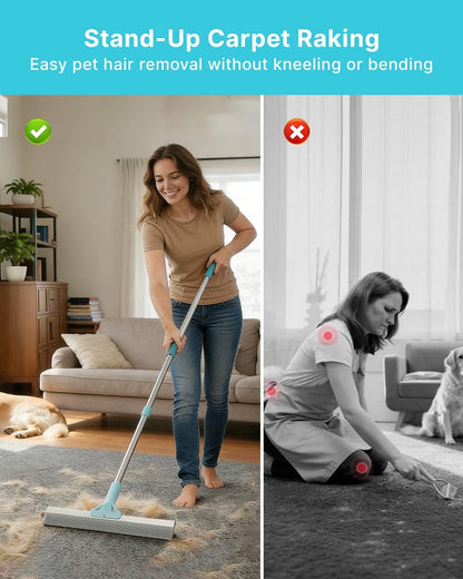 Carpet Rake for Pet Hair Removal, Upgraded Reusable Carpet Scraper Broom with 54” Adjustable Long Handle, Dual-Sided Metal & Silicone Brush, Cat & Dog Hair Remover Tool for Rugs, Mats, Stairs