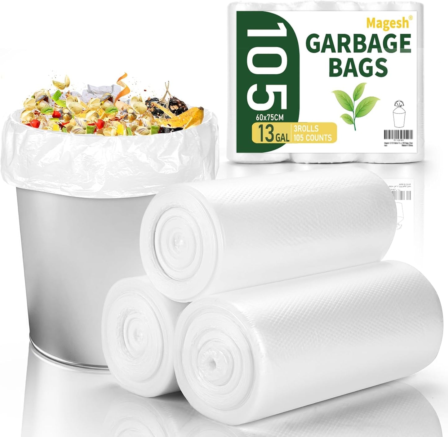 Magesh 4 Gallon Trash Bag Strong, Leakage-Free, Small Garbage Bags Unscented Thick for Bathroom, Office, Kitchen Small Trash Can, 15L, 105 Bags, Clear