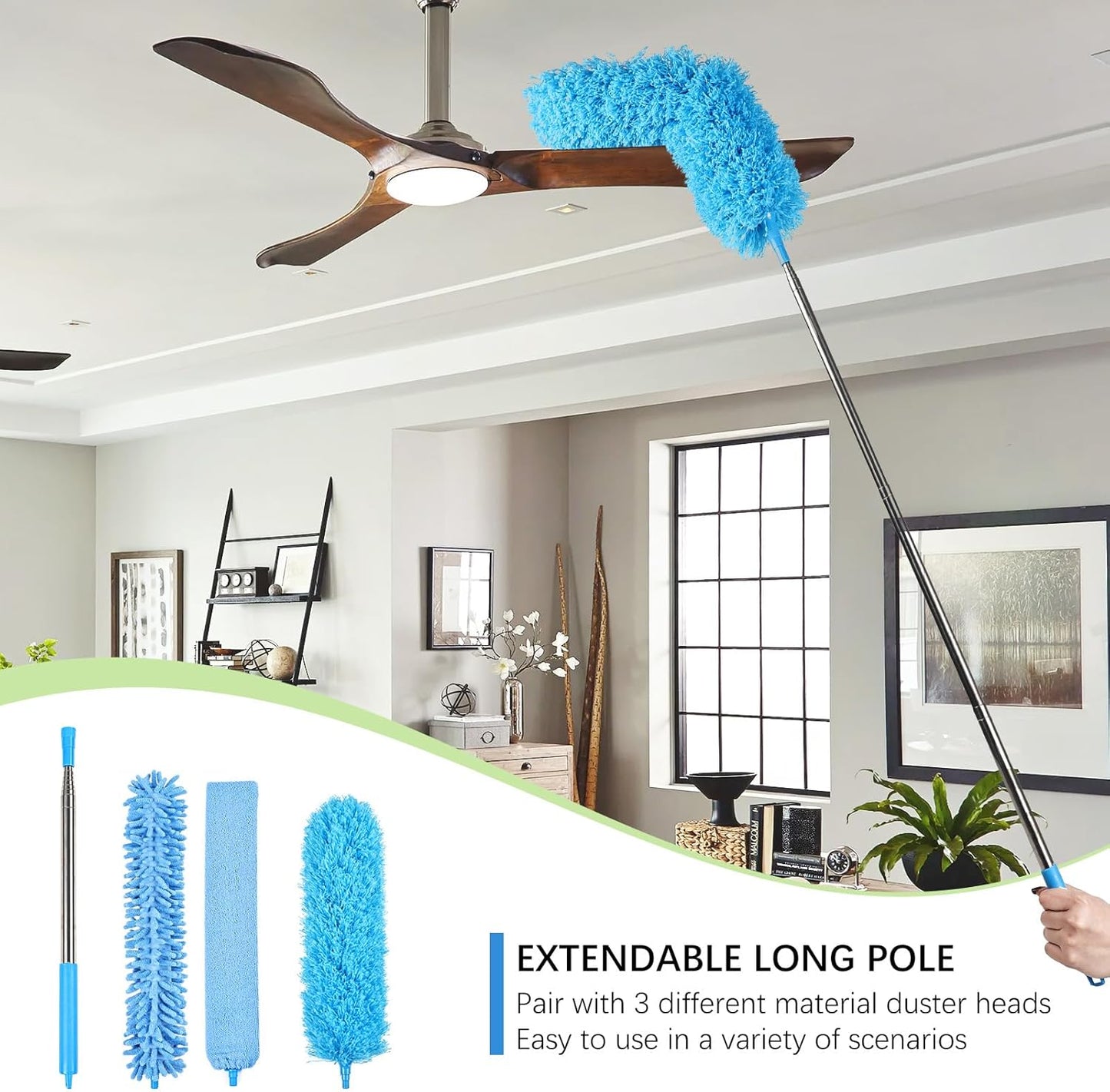 Rainbow Extendable Static Duster Reusable Microfiber Duster with 100" Telescoping Pole, Beandable and Washable Dusters Head for Cleaning Ceiling, Fan, Furniture