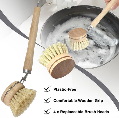 Wooden Dish Brush Set, 4 Natural Bristle Replacement Heads with 1 Sturdy Wooden Handle, Sisal Kitchen Scrub Brush for Pots, Pans, Vegetables and Cookware