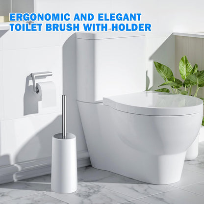 Toilet Brush and Holder, Toilet Brush with 304 Stainless Steel Long Handle, Toilet Bowl Brush for Bathroom Toilet-Elegant-Cleaning-Bristles(White)