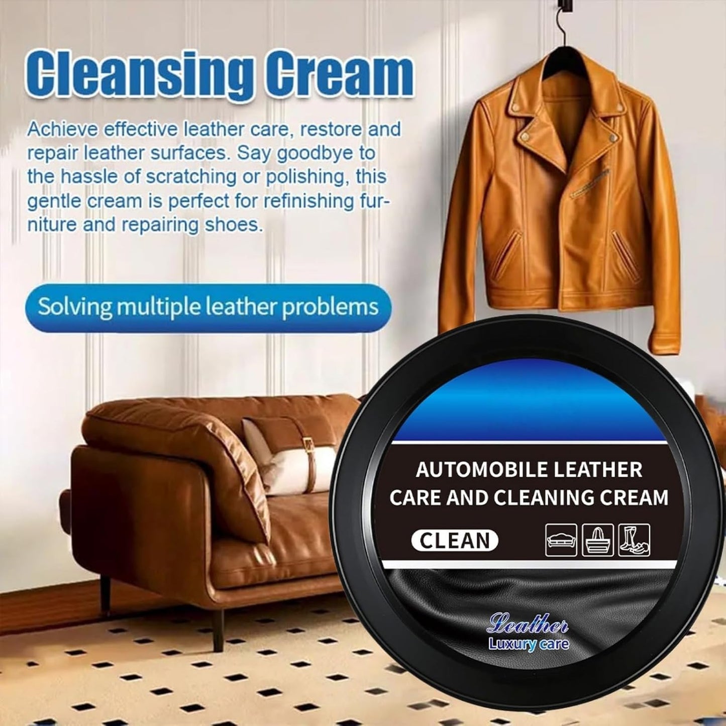 Leather Balm for Cars, Leather Cleaner and Conditioner for Car Interior, Multifunctional Cleaning and Care Cream & Cleaning Paste, Deep Cleaner & Leather Repair Kit for Furniture, Shoes, Bags(2PC)