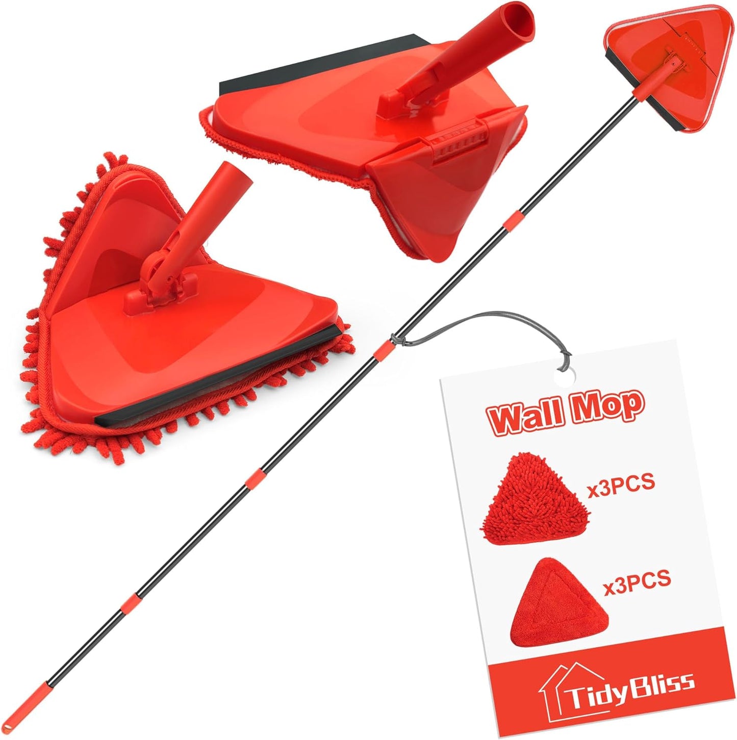 Wall Cleaning Mop with Long Handle 80”, Ceiling Duster Scrubber with 360° Swivel Collapsible Head, Baseboard Cleaner Tool with 3 Chenille and 3 Microfiber Pads for Windows Floor (Red)
