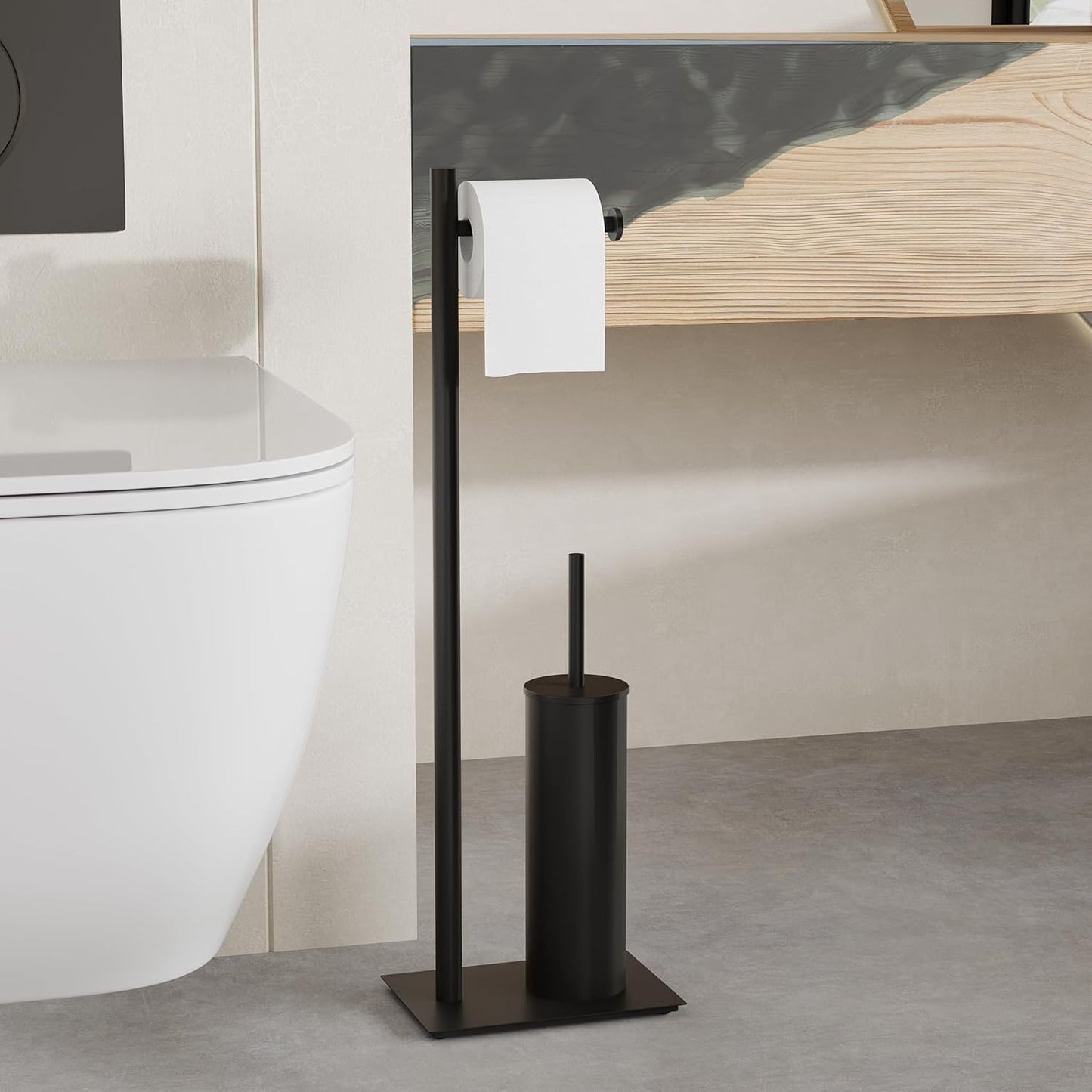 RUACQ Toilet Paper Holder Stand with Toilet Brush and Holder Set, 304 Stainless Steel Bathroom Toilet Tissue Paper Roll Holder Free Standing, Weighted Base, Heavy Duty (Matte Black)