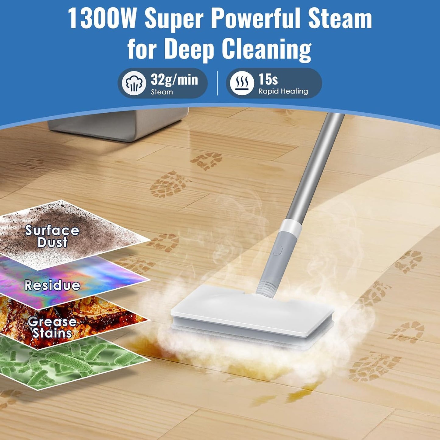 FEPPO Steam Mop & Detachable Handheld Steam Cleaner for Home and Floor Cleaning, 15s Heat-Up, 230°F Floor Steamer for Deep Cleaning with Multi-purpose Attachments Hardwood Floors, Tile,Grout,Furniture