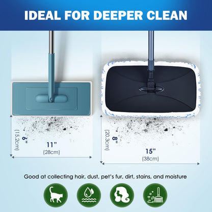 Large Surface Flat Mop, 15x8 Inches, 3Pack Microfiber Wet Mop Refills, Reusable & Washable, Compatible with Hardwood Floor & More, Includes 1 Cleaning Scraper