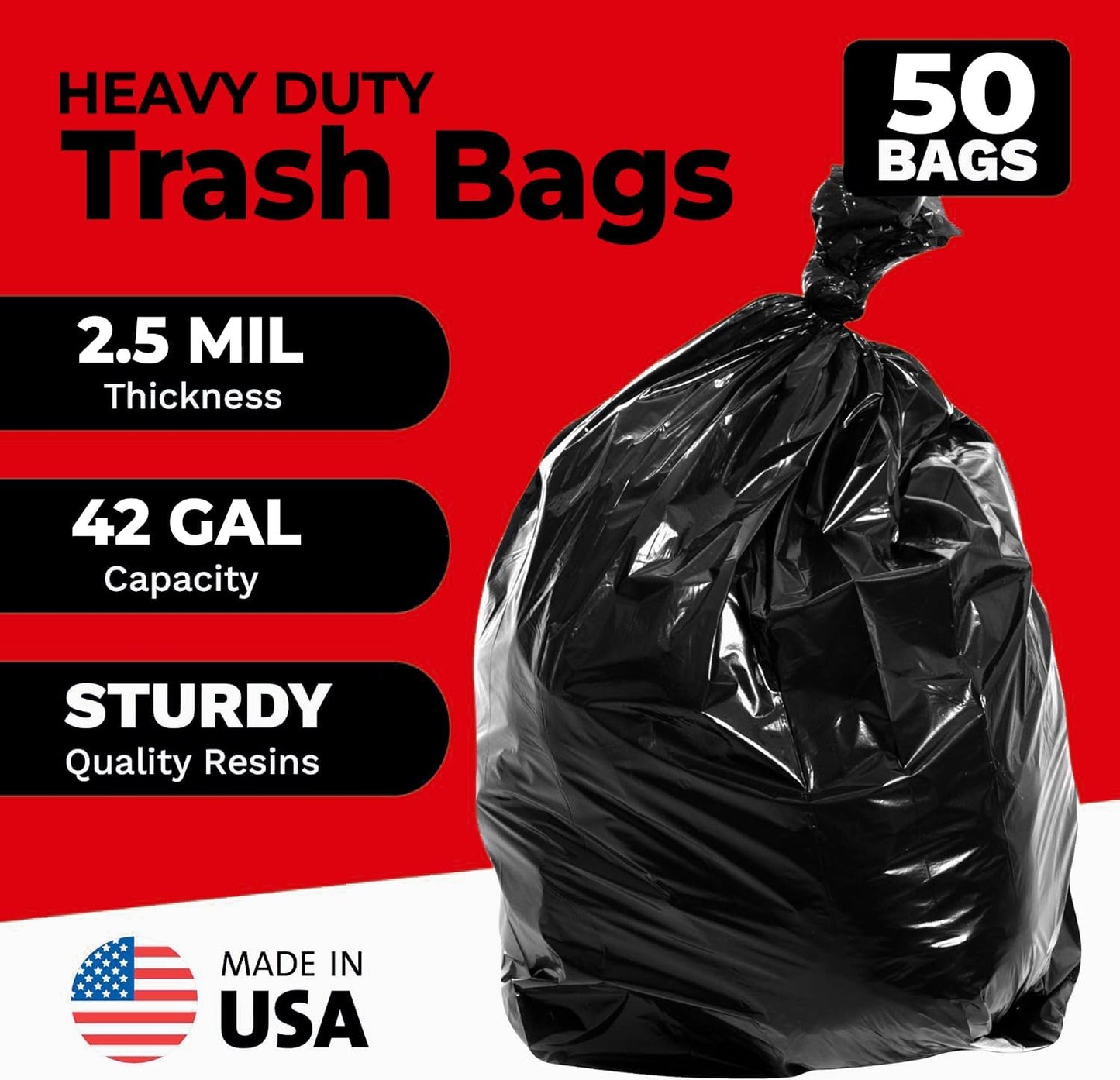 ToughBag 42 Gallon Trash Bags, 2.5 Mil Contractor Garbage Bags (50 COUNT) Heavy Duty Black Garbage Can Liners, 33 x 48" - Construction, Lawn, Industrial, Leaf - Made in USA