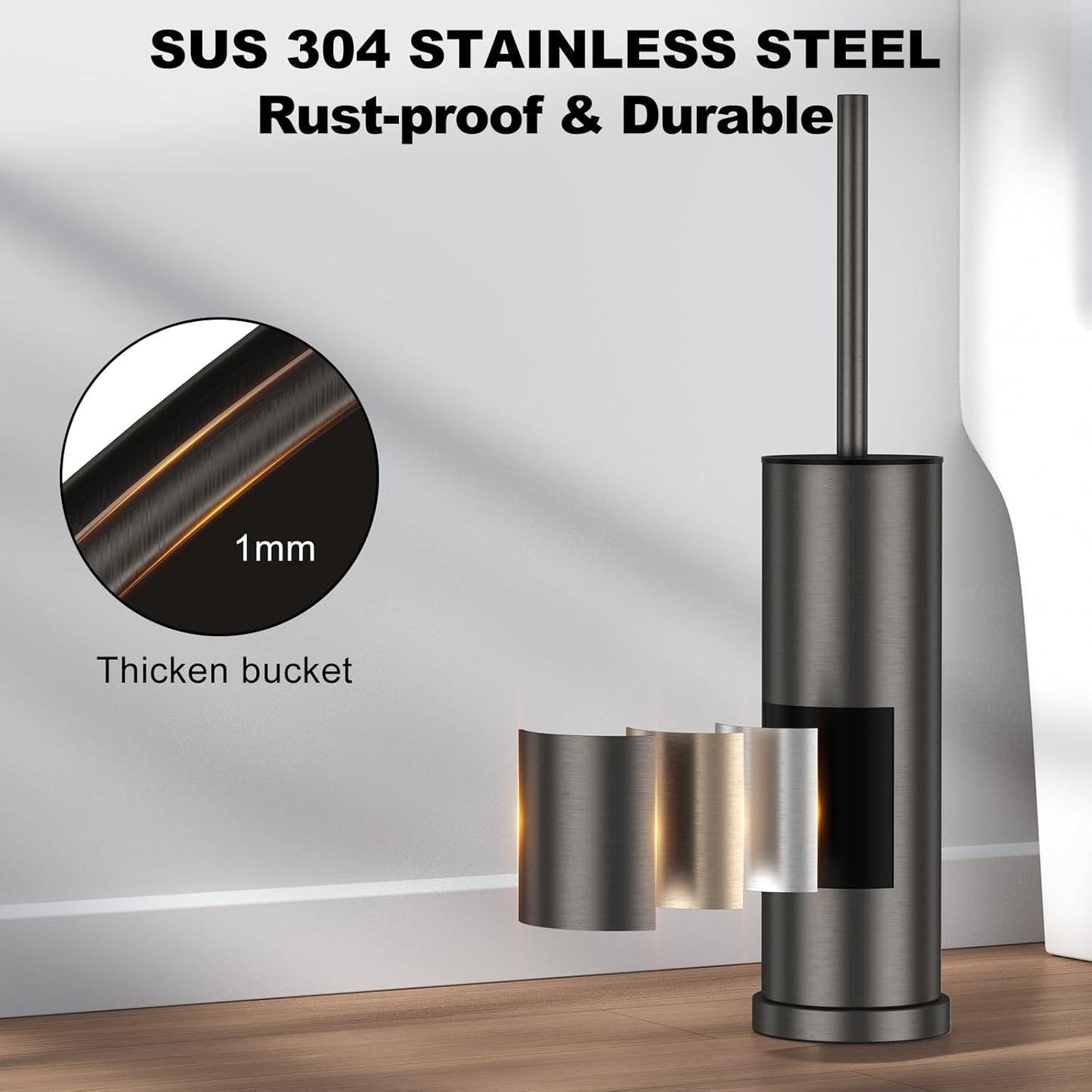 Bronze Toilet Brush and Holder Set，Stainless Steel Heavy Duty Toilet Bowl Brush，Extra Long Handled Modern Toilet Cleaner Brush, Removable Inner Bowl, and Splash Protection