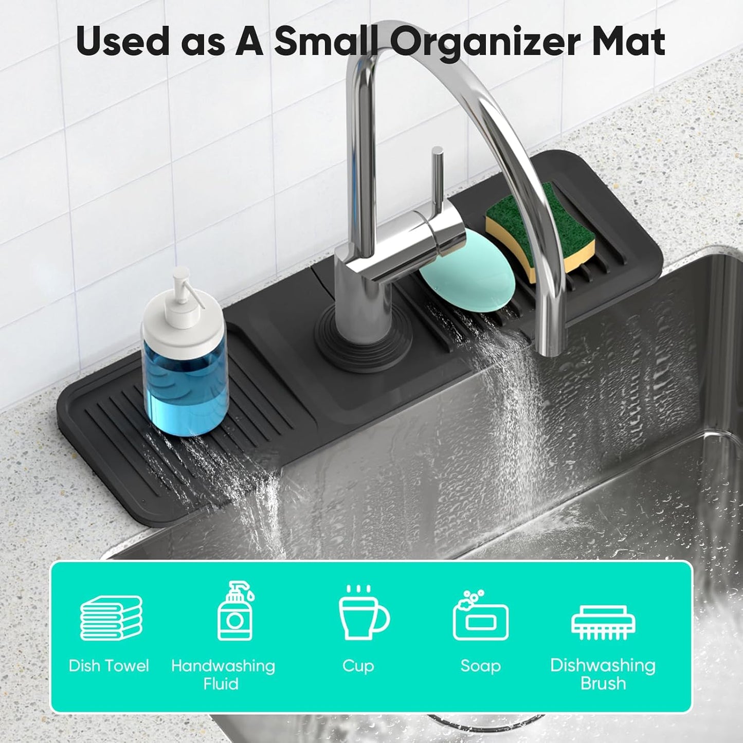 24 Inch Longer Faucet Mat for Kitchen Sink, 5° Slope Fast Self-draining, Kitchen Sink Splash Guard Silicone Sink Faucet Mat Splash Guard Kitchen Sink Area Tidy Splash Faucet Guard Draining Mat