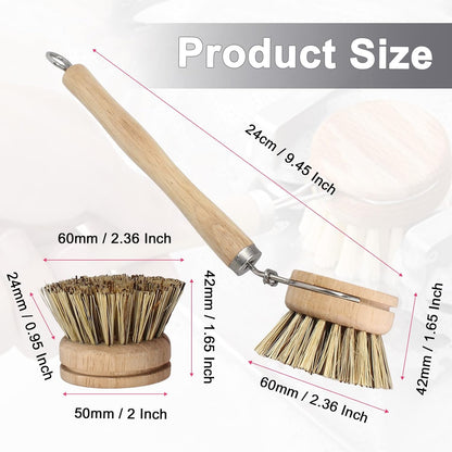 Wooden Dish Brush Set, 4 Natural Bristle Replacement Heads with 1 Sturdy Wooden Handle, Sisal Kitchen Scrub Brush for Pots, Pans, Vegetables and Cookware