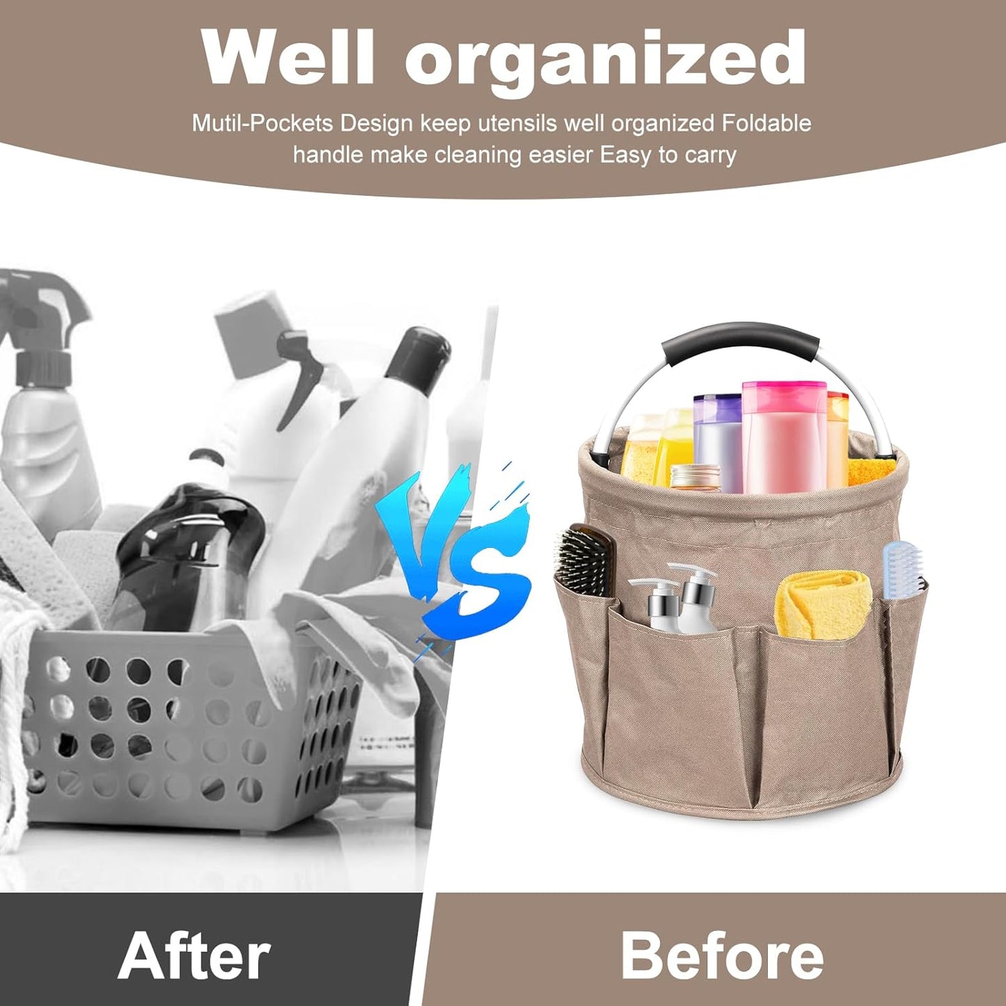 Qivine 17L Cleaning Caddy with Handle, Cleaning Supply Caddy Foldable Tool Bag Cleaning Products Organizers Portable Cleaning Bucket Organiser for Storing Towels(Blue)