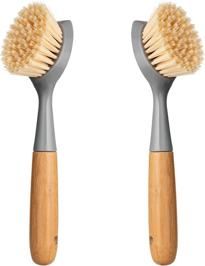 2 Pack Kitchen Dish Brush Bamboo Handle Dish Scrubber Built-in Scraper, Scrub Brush for Pans, Pots, Kitchen Sink Cleaning, Dishwashing and Cleaning Brushes are Perfect Cleaning Tools, White