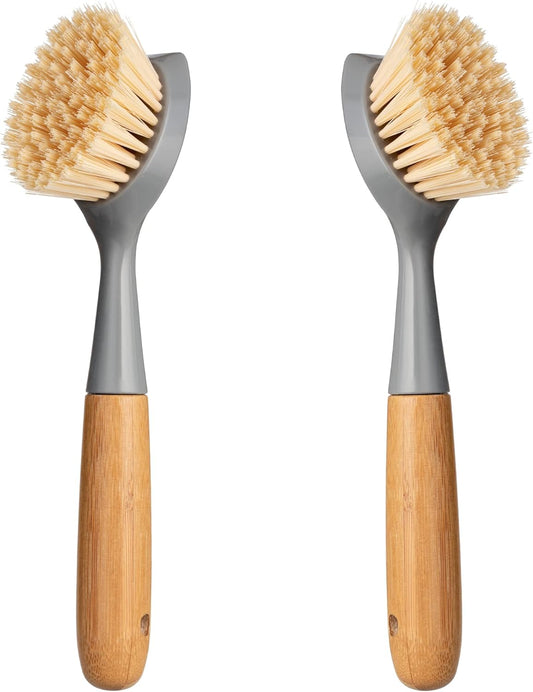 2 Pack Kitchen Dish Brush Bamboo Handle Dish Scrubber Built-in Scraper, Scrub Brush for Pans, Pots, Kitchen Sink Cleaning, Dishwashing and Cleaning Brushes are Perfect Cleaning Tools, White