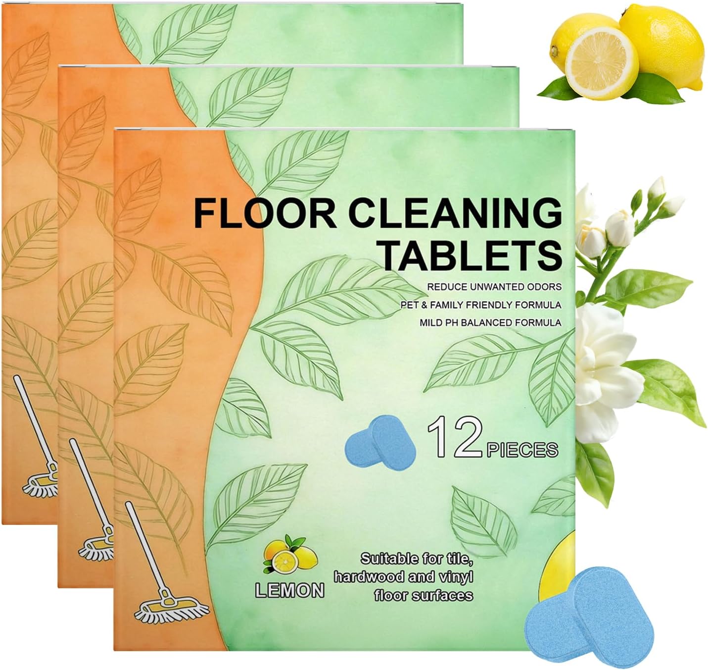 Floor Cleaner Tablets Hard Floor Cleaner Tablets, Deep Cleans for Multiple Hard Floors for Tile, Vinyl, Hardwood, Fresh Lemon Scent, Compatible with Robot Mops & Wet/Dry Vacuums(2PCS)