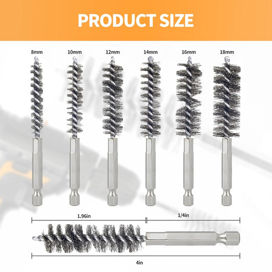Bore Brush for Drill – 6pcs Stainless Steel Wire Tube Brush in Different Sizes, Twisted Wire Cleaning Brush with 1/4" Hex Shank, bore Brush Copper Pipe Cleaner for Power Drill & Tube Cleaning