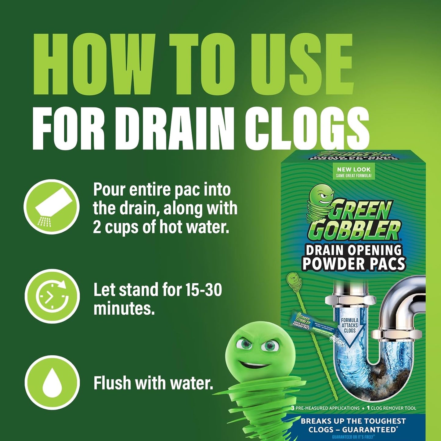Green Gobbler Drain Clog Remover & Drain Cleaner Powder (5 Pacs & 5 Tools)