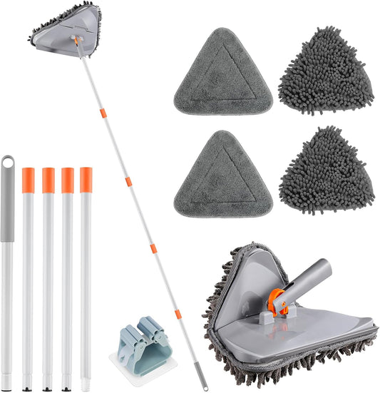 Wall Cleaner Triangle Mop with 82'' Long Handle - Wall Scrubber, Cleaning Washer Tool with 4 Microfiber Chenille Duster Pads for Clean Walls, Ceiling, Windows, Baseboards, Floors (Green, 4 Pads)