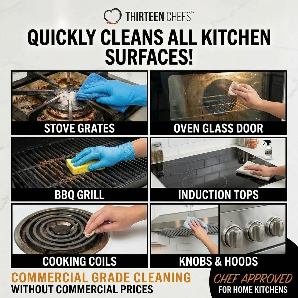 Thirteen Chefs Gas Range Cleaner and Degreaser - Stove Grates, Oven Glass Doors, Grills – Cuts Through Baked on Food (32oz)