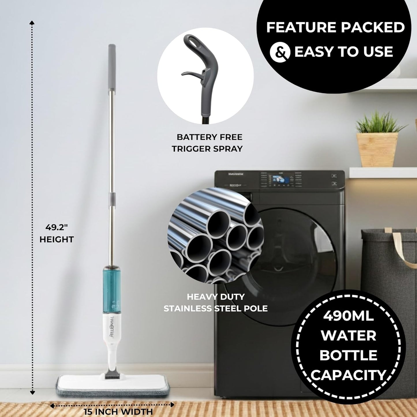 True & Tidy® SPRAY-250 Multi-Surface Spray Mop with 490ml Refillable Water Bottle for Floor Cleaning, Works on Wood, Tile, Marble etc, Use Any Cleaning Solution, Machine Washable Microfiber Mop Pads
