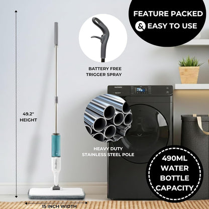 True & Tidy® SPRAY-250 Multi-Surface Spray Mop with 490ml Refillable Water Bottle for Floor Cleaning, Works on Wood, Tile, Marble etc, Use Any Cleaning Solution, Machine Washable Microfiber Mop Pads