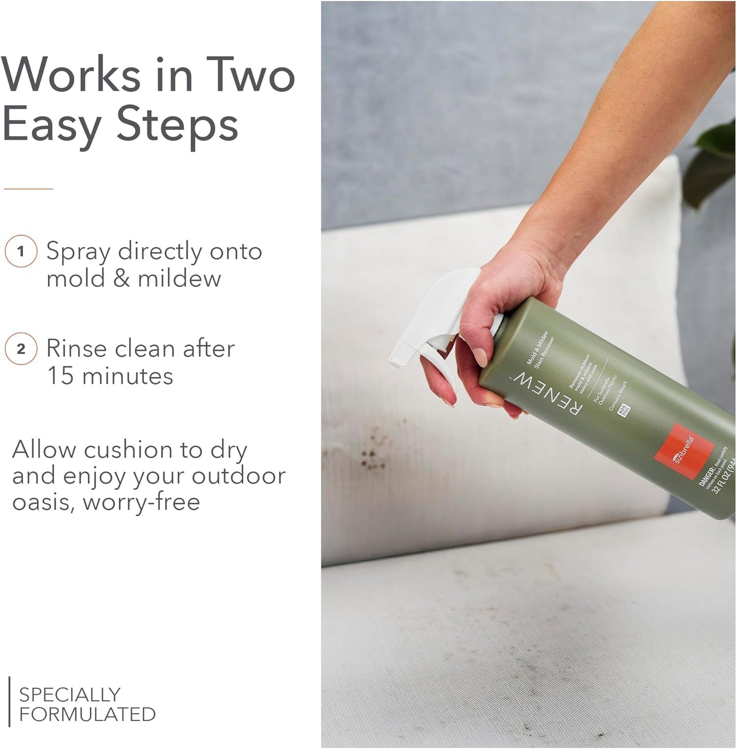 Sunbrella Renew Mold & Mildew Stain Remover | Deep Cleaning with Bleach | Outdoor Fabric Cleaner for Cushions, Pillows, Awnings, Boat Covers & More | Dual-Action Spray Nozzle | 32oz