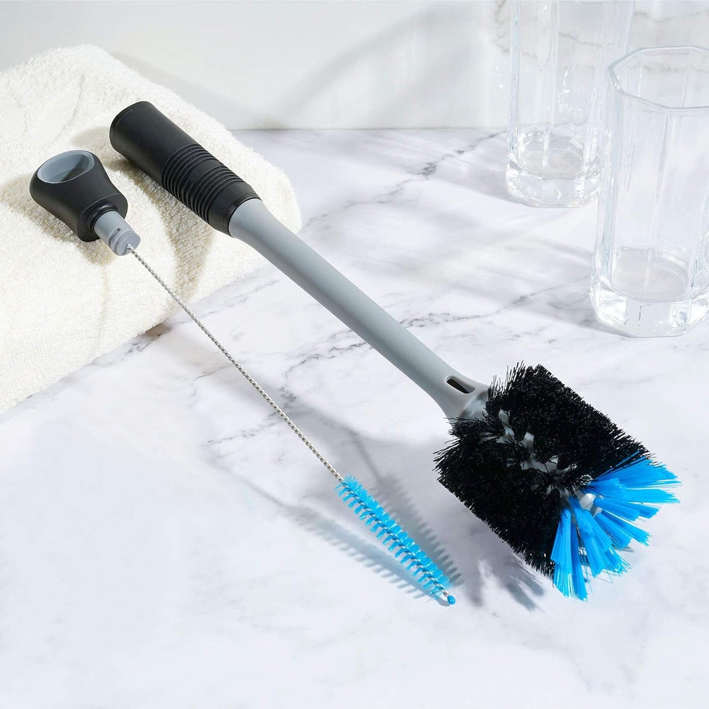 MOSOLAN 2-in-1 Bottle Brush with Straw Brush, Long Handle Water Bottle Scrubbing Brush, Built for Cleaning Sport Bottles, Baby Bottles, Water Bottles, Coffee Mugs, Wine Decanters, Flask, 1 Pack