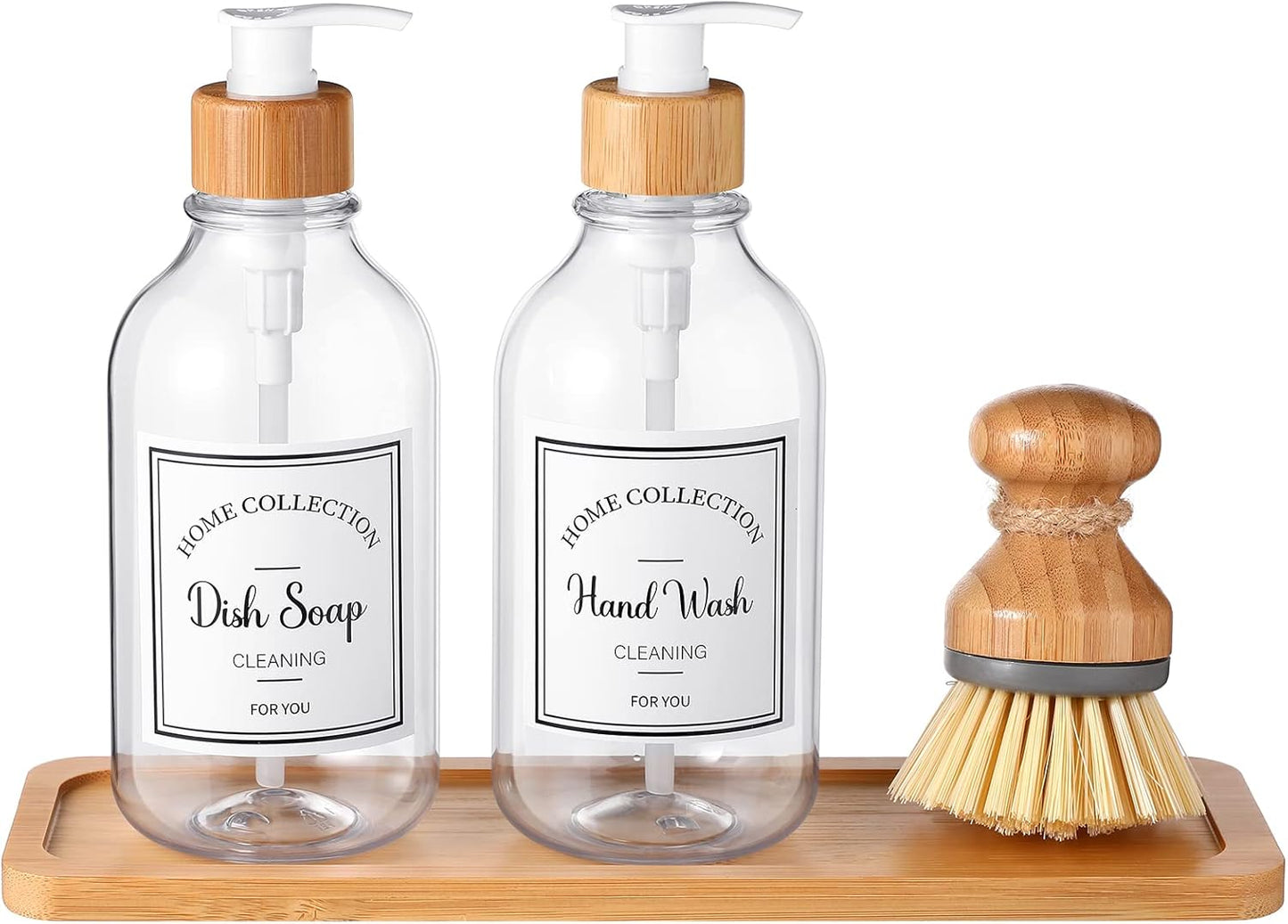 Zopeal 4 Pcs 16 oz Kitchen Soap Dispenser Set with Bamboo Tray and Dish Brush Plastic Soap Dispenser Set with Waterproof Labels for Hand Dish Lotion(Frosted Black)