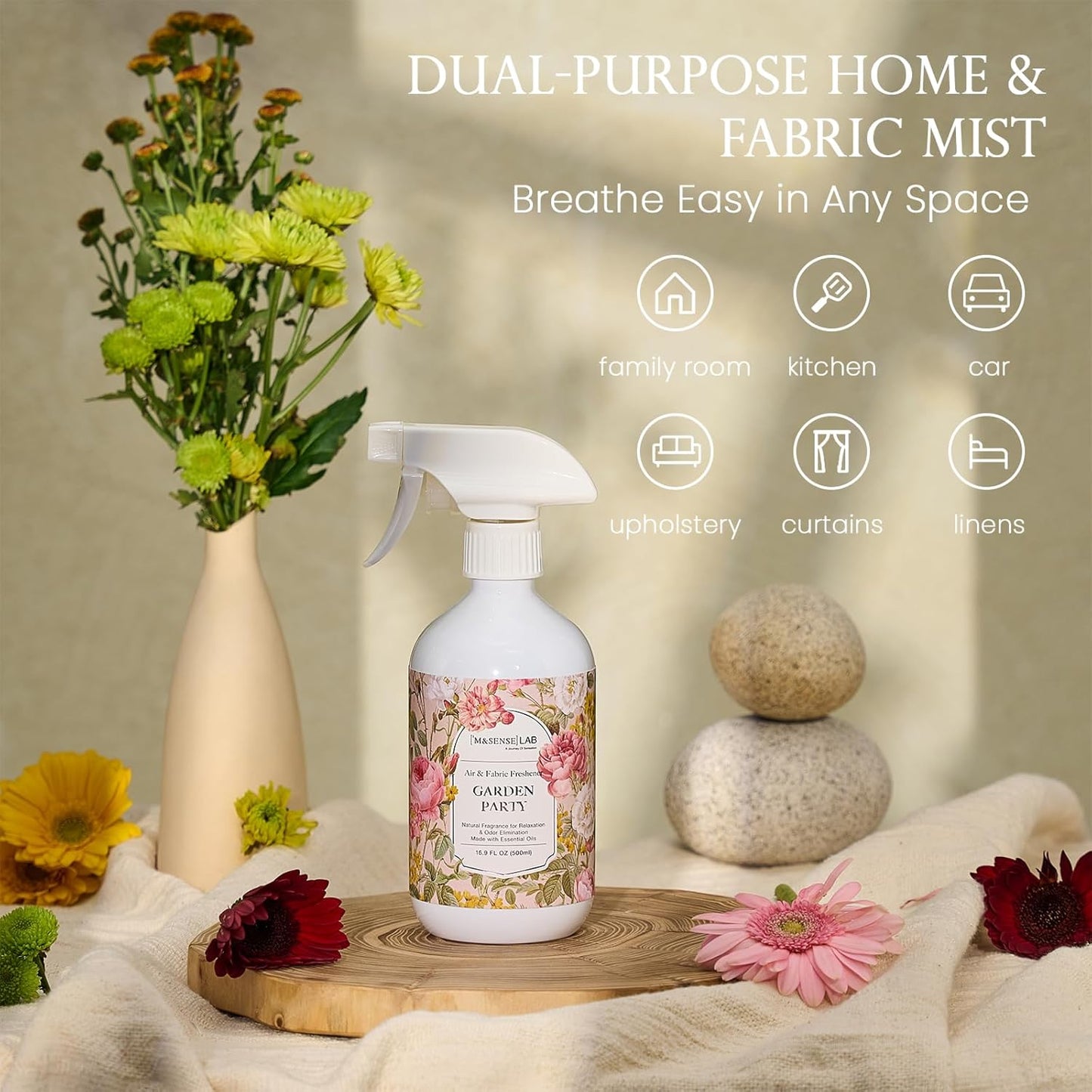 ‌M&SENSE Air & Fabric & Pet Odor Eliminator Spray - 16.9oz Large Size Natural Safe Air Freshener Rose Scented Deodorizer for Home Eliminates Smoke & Musty Smells, Ideal for ‌Dining Room Living Spaces