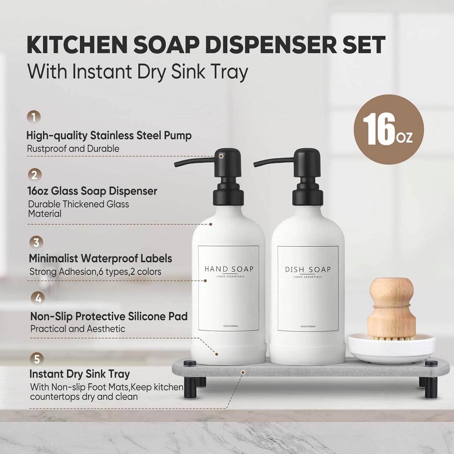 Kitchen Soap Dispenser Set with Instant Dry Tray,16 Oz Hand and Dish Soap Black Glass Dispenser Set,Stainless Steel Pump,Waterproof Labels&Dish Brush,Luxury Soap Bottle for Kitchen,Bathroom