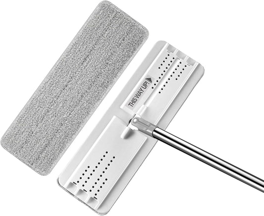 BOSHENG Flat Mop with Reusable Microfiber Pad, Flexible Mop Head for Efficient Cleaning, Ideal for Hardwood, Laminate, and Tile Surfaces - White