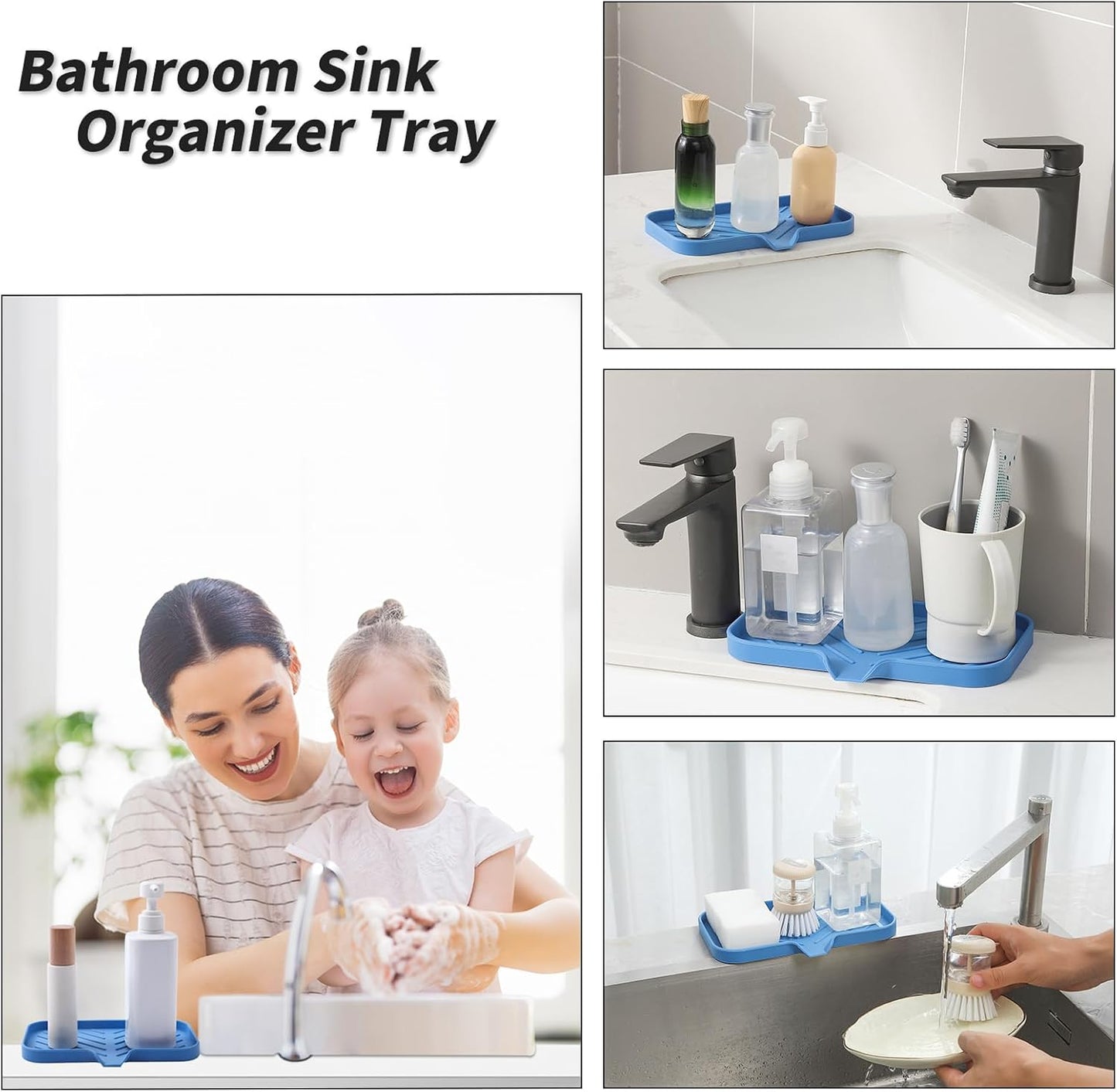 MicoYang Silicone Bathroom Soap Dishes with Drain Spout-Bathroom and Kitchen Sink Organizer,Sponge Holder,Dish Soap Tray,Perfect for Dispenser,Scrubber,Bottle,Cup on Sink or Counter-Black 4.9"×3.2"