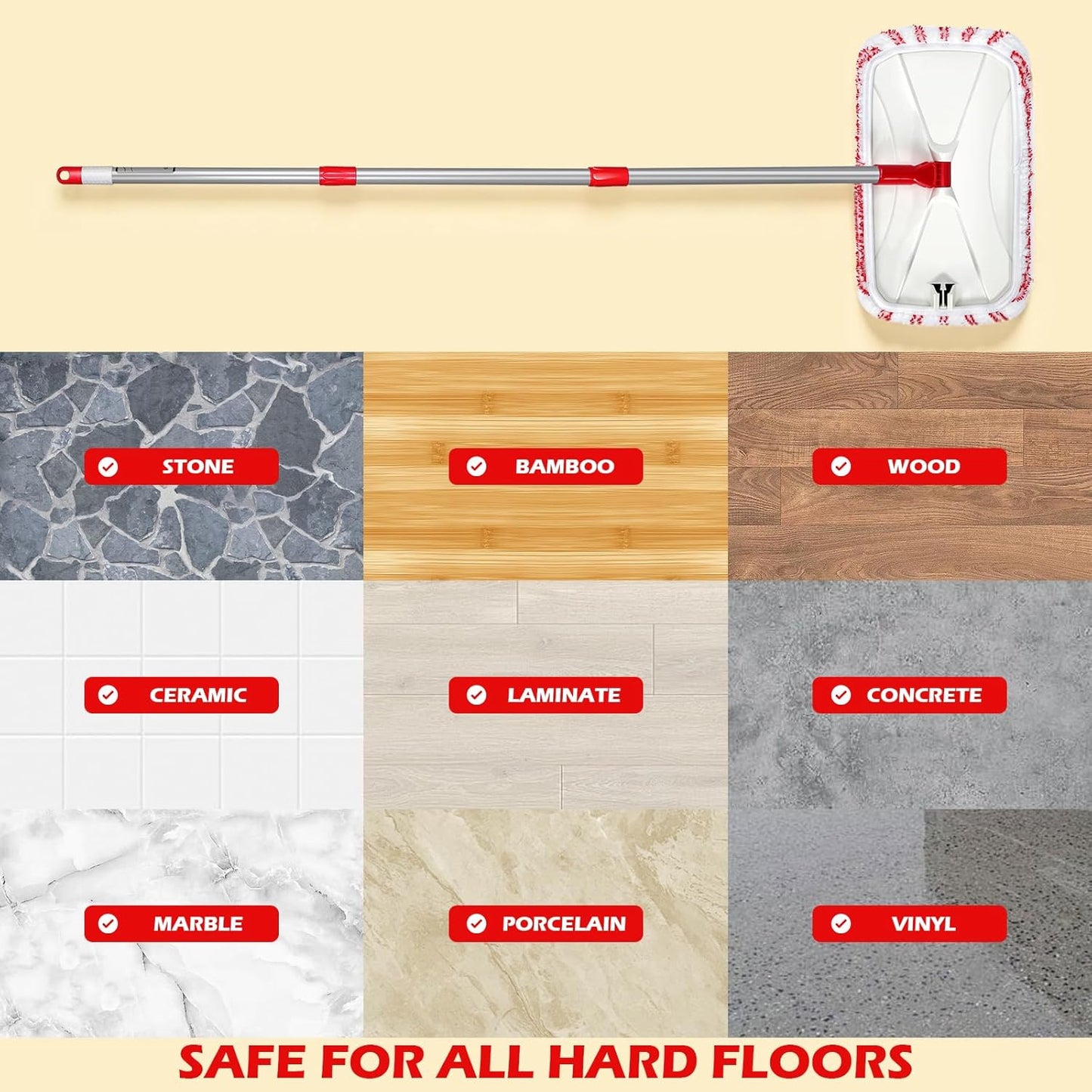 OZD Flat Mops for Floor Cleaning , with 5 Reusable 16x9in Dual-Fiber Mop Heads, Remove Stubborn Stains, Wet and Dry Use, Suitable for Hardwood, Tile, Laminate Flooring etc, Red