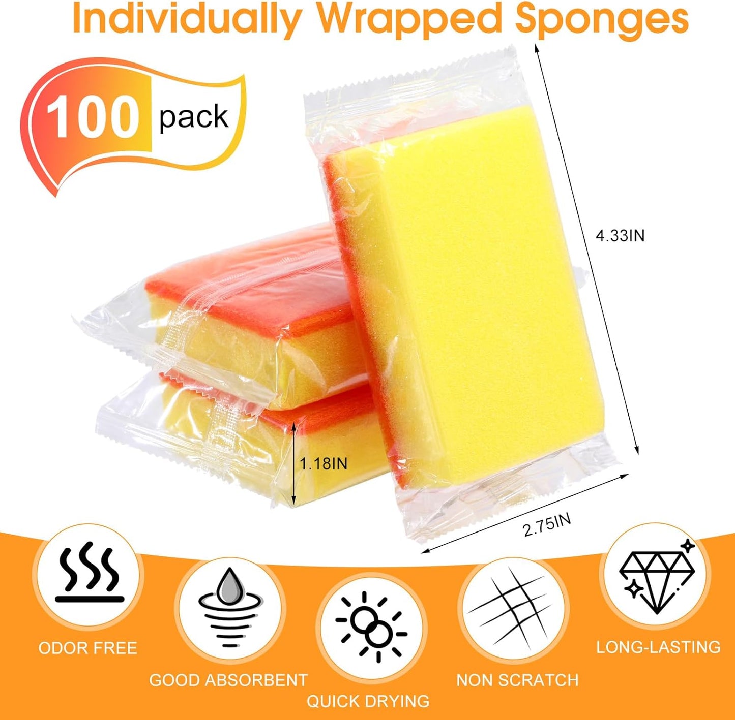 Tioncy 100 Pcs Individually Wrapped Sponges Kitchen Bulk Blue Dish Non Scratch Scrub Sponges Dual Sided Cleaning Dish Scrubber for Washing Dishes, Pots, Pans, Sinks, Stoves, Appliances, Car, Bike