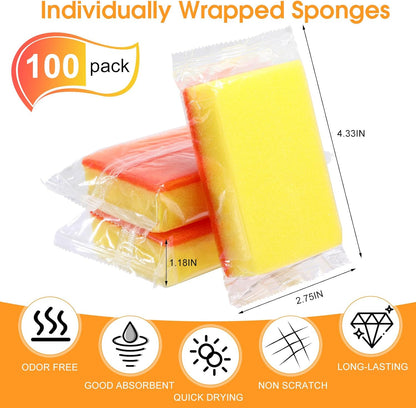 Tioncy 100 Pcs Individually Wrapped Sponges Kitchen Bulk Blue Dish Non Scratch Scrub Sponges Dual Sided Cleaning Dish Scrubber for Washing Dishes, Pots, Pans, Sinks, Stoves, Appliances, Car, Bike