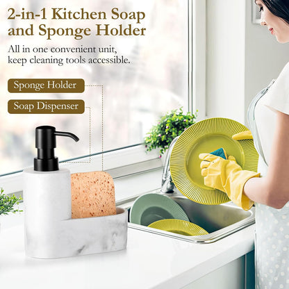 Shinowa Dish Soap Dispenser with Sponge Holder, Refillable Kitchen Dish Soap Dispenser Pump, 2-in-1 Countertop Soap Pump Dispenser for Kitchen Sink and Bathroom, Gravel Black